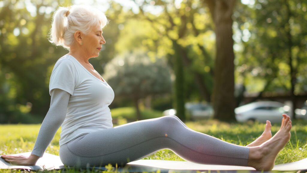 fit senoir woman doing pilates stretches on a mat in a quiet outdoor
