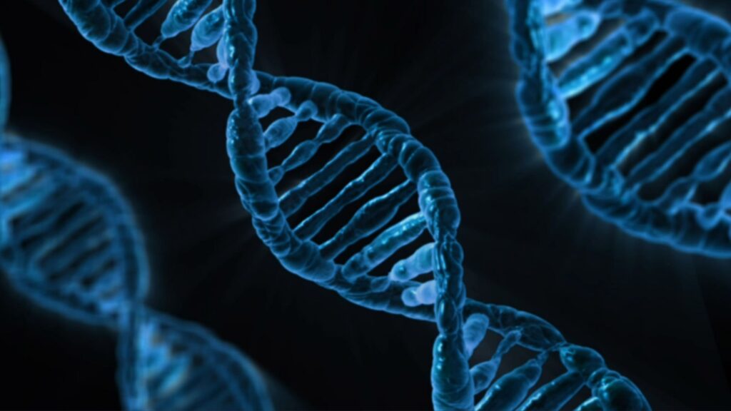stem cell therapy for knees artistic rendering of DNA in blue on a black background