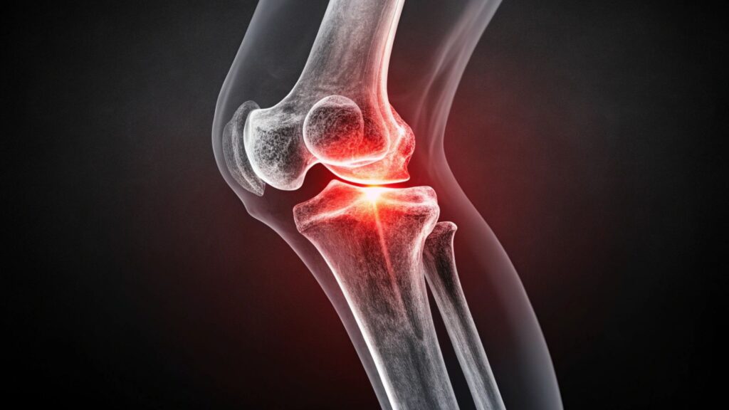 stem cell therapy for knees artistic rendering of the knee joint with red representing knee pain